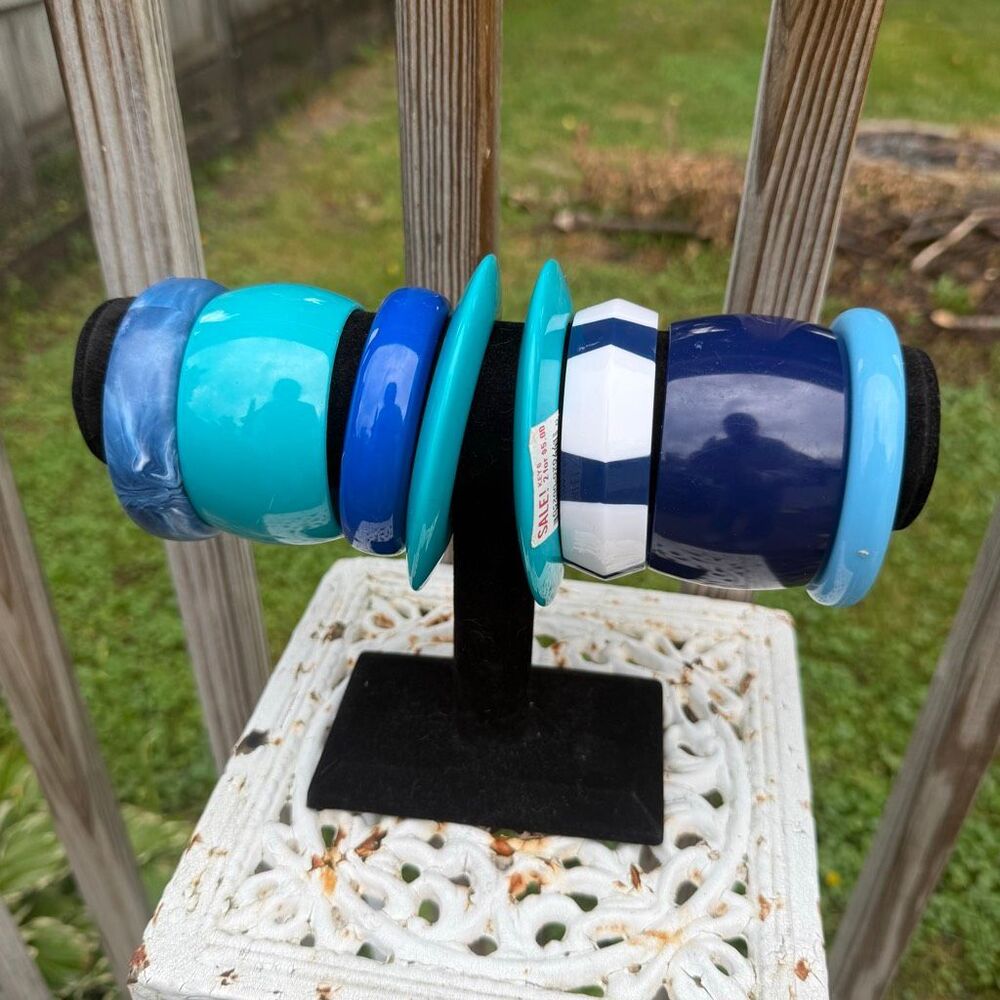 Vintage Blue Plastic Resin Bangle Bracelet Lot Chunky Statement Jewelry